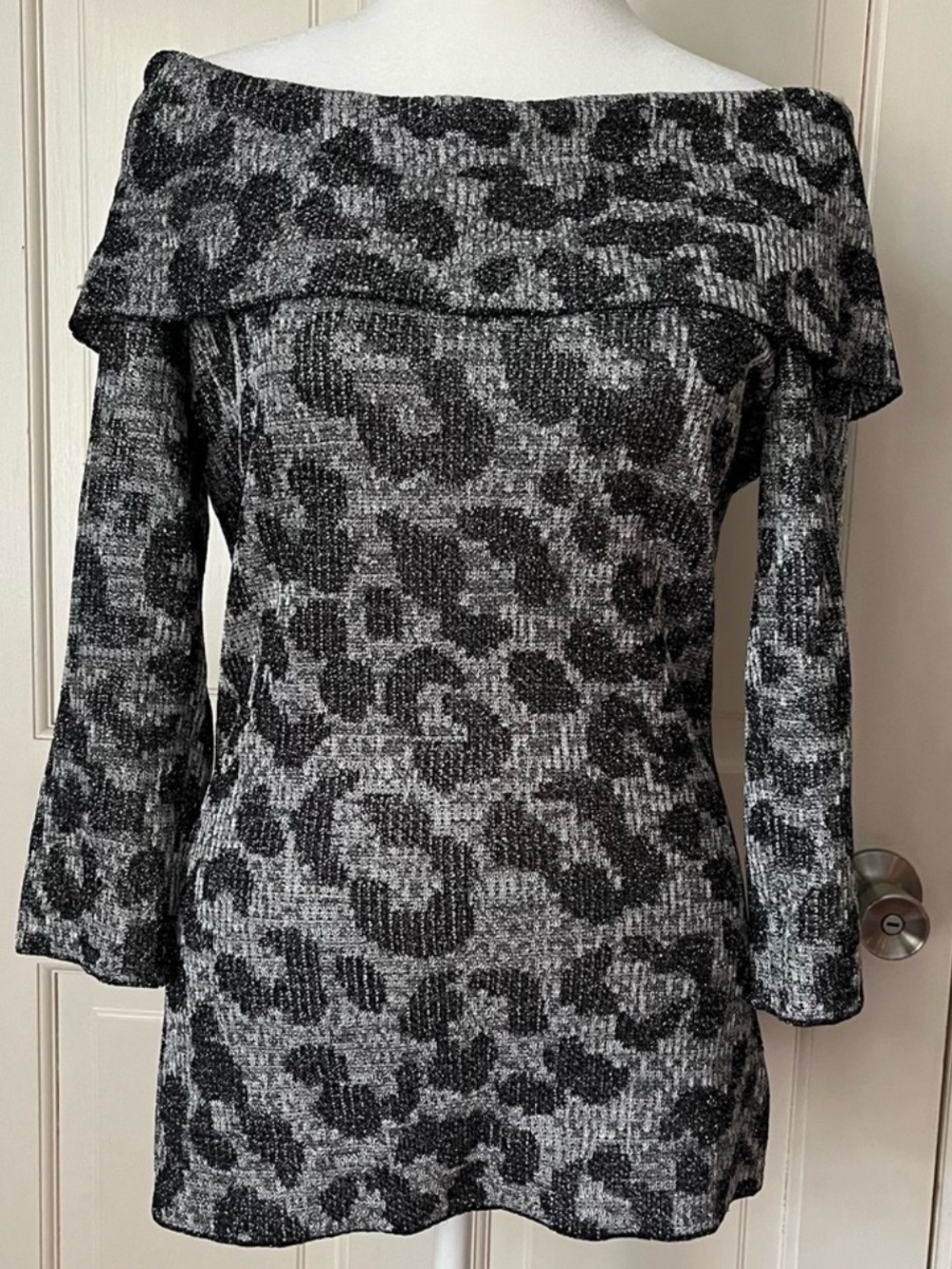 St John Metallic Off the Shoulder Leopard Print Sweater S Designer Luxury